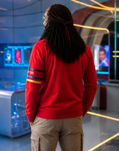 Back view of the Starfleet Academy hoodie crafted as a premium red fleece hoodie for men and women, inspired by the Karim Diane Star Trek Starfleet Academy Red Hoodie, featuring a clean back panel and comfortable everyday fit.