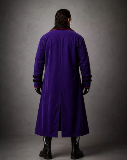 Back view of the WWE Superstar Sting Purple Coat featuring a sleek men's long purple coat silhouette inspired by the classic Sting WWE trench coat design.