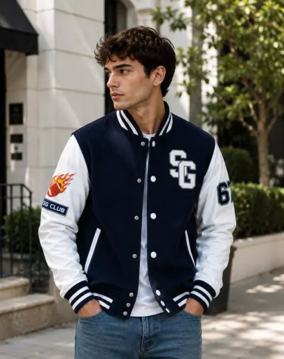 Men's American Football Navy Blue Stegaro Varsity Jacket worn by model in outdoor fashion photoshoot