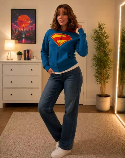 Lifestyle pose of the Supergirl Shield Cropped Hooded Jacket worn by a female model, inspired by the Milly Alcock Supergirl Jacket with blue bomber jacket styling.