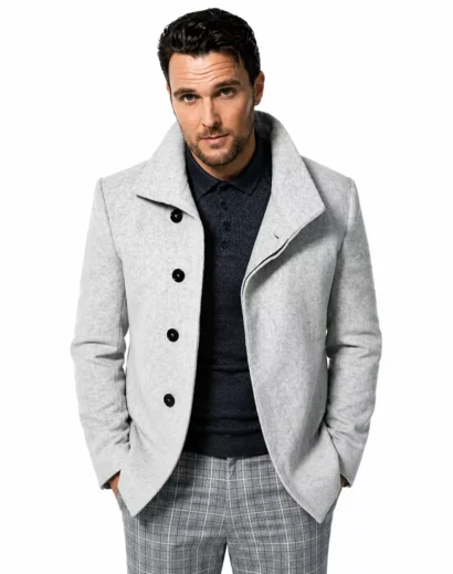 Owain Yeoman Wool White Coat in a straight standing pose, inspired by the Owain Yeoman Extant TV Series Dr Mason Wool White Coat, showcasing a modern tailored silhouette and refined style.