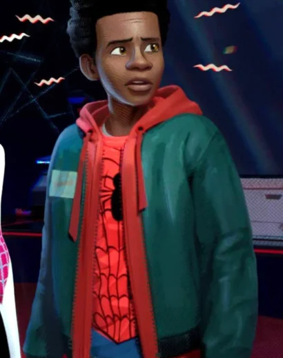 Spider Man Miles Morales varsity jacket in red and black design, stylish miles morales bomber jacket outfit for fans and collectors.