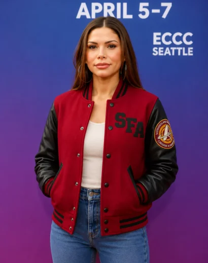 star-trek-picard-s3-deanna-troi-jacket-front Star Trek Picard S3 Deanna Troi Jacket front view, inspired by Deanna Troi and crafted with premium varsity and leather detailing.