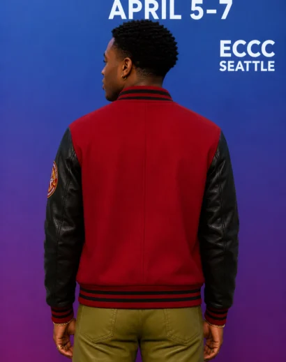 star-trek-starfleet-academy-jacket-back-view Back view of the Star Trek Starfleet Academy Varsity Jacket worn by Karim Diane, featuring the classic star trek starfleet academy jacket silhouette.