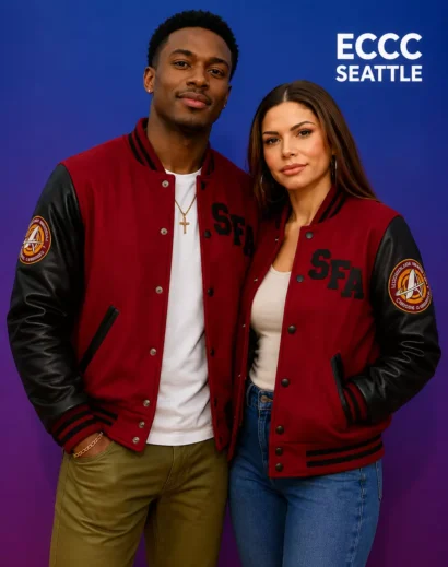 Couple wearing the Star Trek Starfleet Academy Varsity Jacket, featuring Karim Diane Star Trek: Starfleet Academy Varsity Jacket and Star Trek Picard S3 Deanna Troi Jacket in a stylish front portrait pose.