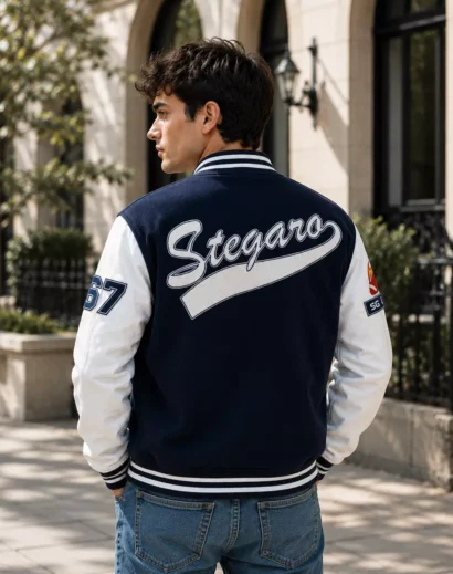 Premium Navy Blue Stegaro Letterman Varsity Jacket for men in outdoor lifestyle fashion photography