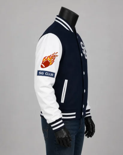 Left side profile of American Football Navy Blue Stegaro Varsity Jacket featuring football patch and varsity styling