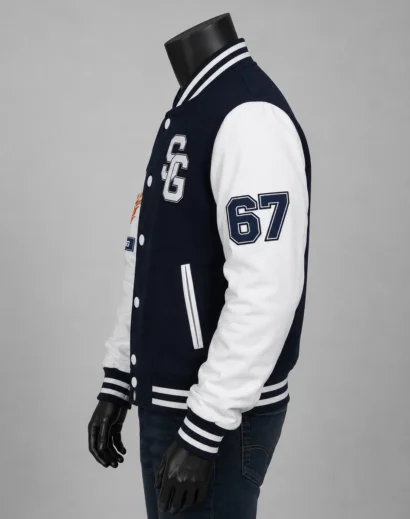 Right side view of men's Navy Blue Stegaro Varsity Jacket with embroidered number patch and premium design