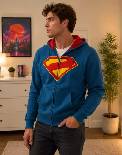 Front view of Supergirl Shield Bomber Jacket for men featuring a blue bomber jacket men design with Supergirl shield logo inspired by the Milly Alcock jacket.