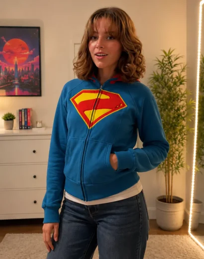 Front view of Milly Alcock Supergirl Shield Cropped Hooded Jacket for women featuring a blue bomber jacket style with the iconic Supergirl shield logo.