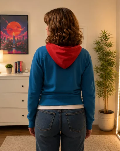 Back view of Supergirl Cropped Hooded Jacket showing the red hood on a blue bomber jacket women's design inspired by Supergirl's crop top costume.