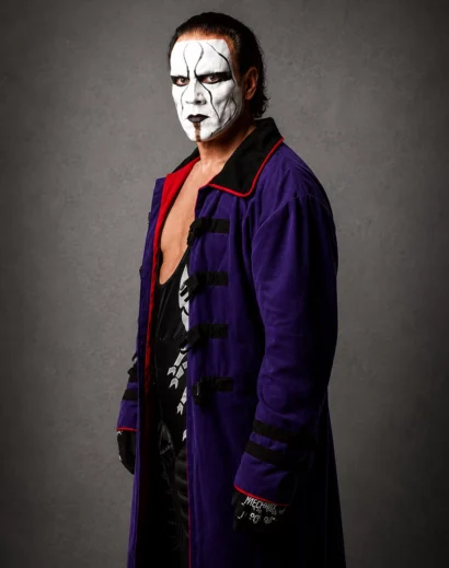 TNA Sting Purple Coat side profile showcasing a dramatic men's long purple coat design inspired by the legendary sting wrestler trench coat costume.