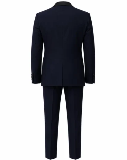 Tom Ford tuxedo blazer men navy blue with white dress shirt and black bow tie inspired by James Bond formal fashion.