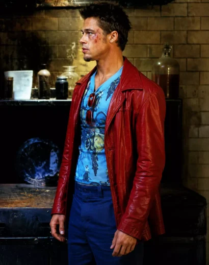 Side profile of Tyler Durden Leather Jacket featuring the iconic Brad Pitt Leather Jacket Fight Club look in red leather.