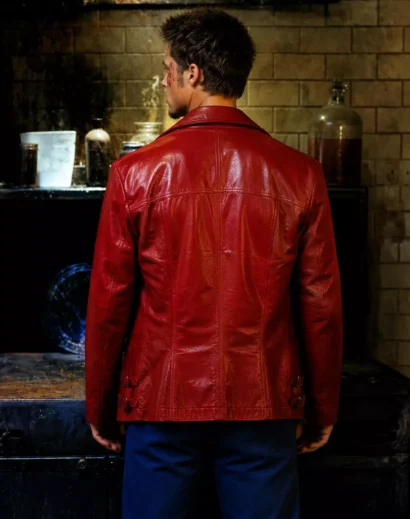 Back view of Tyler Durden Mayhem Jacket crafted in premium red leather inspired by Brad Pitt Style Jacket from Fight Club.