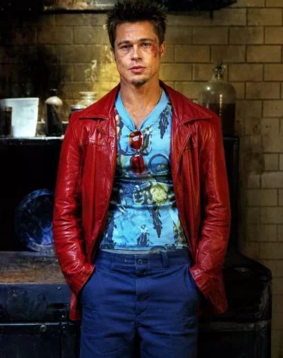 Tyler Durden Red Leather Jacket front view inspired by Brad Pitt Jacket Fight Club with classic mayhem style design.