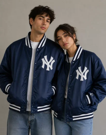 Couple wearing Vintage New York Yankees Starter Jacket featuring matching Starter New York Yankees MLB Fan Jackets styling, vintage blue yankees jersey look, blue varsity jacket men and blue varsity jacket women, ny yankees vintage 90s athletic jacket fashion.