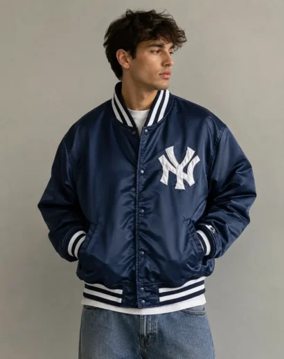 Vintage New York Yankees Starter Jacket front view on male model featuring classic satin finish, Starter New York Yankees MLB Fan Jackets style, navy blue varsity jacket men vintage sportswear.