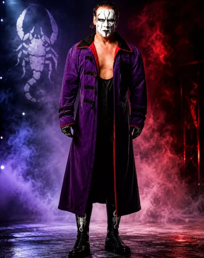 WWE Superstar Sting Long Purple Coat full-length view displaying a stylish mens long purple trench coat with signature wrestling-inspired details.