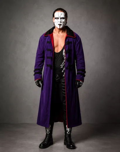 WWE Wrestler Sting Purple Trench Coat front view featuring a long purple coat with black trim, inspired by the iconic Sting WWE trench coat look.