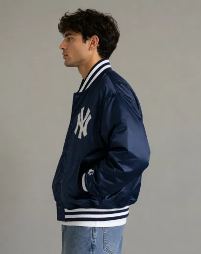 Yankees Vintage Starter Jacket side profile on male model, VTG Starter New York Yankees Satin Jacket Diamond collection inspired design, blue bomber jacket men retro MLB fashion.