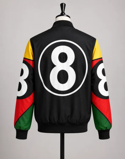 Back view of an 8 Ball jacket on a mannequin highlighting the iconic large 8 Ball graphic and retro style.