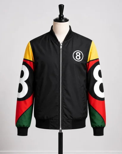 Front view of an 8 Ball bomber jacket displayed on a mannequin featuring a vintage-inspired streetwear design.