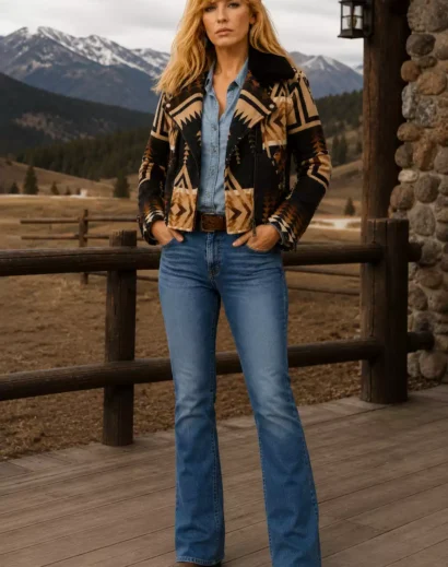 Full-body view of the Beth Dutton Aztec Wool Aviator Jacket paired with a light blue denim shirt, blue jeans, and cowboy boots for a western ranch look.