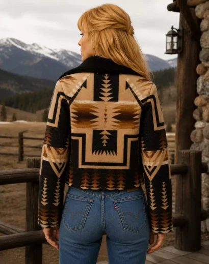 Back view of the Handmade Beth Dutton Jacket highlighting the bold Aztec print and premium wool craftsmanship.