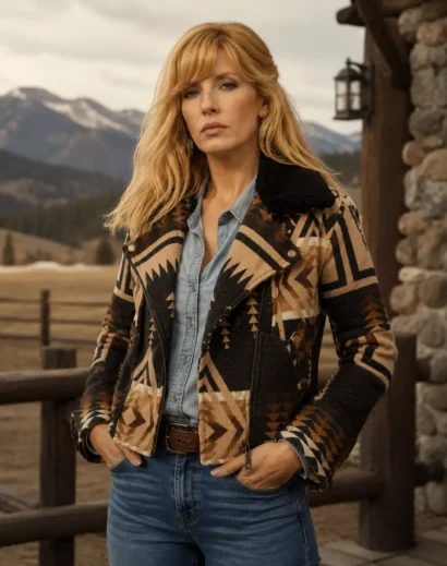 Front view of the Handmade Beth Dutton Yellowstone Jacket featuring a premium Aztec wool aviator design with a soft shearling collar inspired by Kelly Reilly.