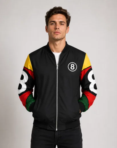 Front view of a man wearing a black 8 Ball leather jacket inspired by classic 90s vintage streetwear from Skinoutfits.