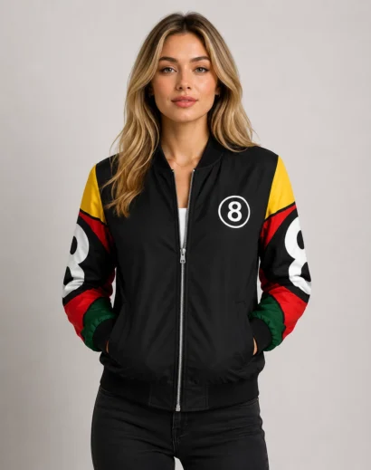 Woman wearing a black 8 Ball bomber jacket front view with a retro vintage streetwear look by Skinoutfits.