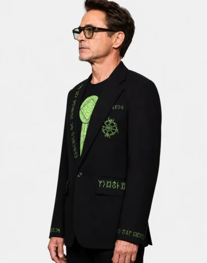 Comic-Con 2026 Robert Downey Jr. Suit left side profile showcasing the Robert Downey black blazer with premium tailoring, neon green accents, and modern men blazer coat styling.