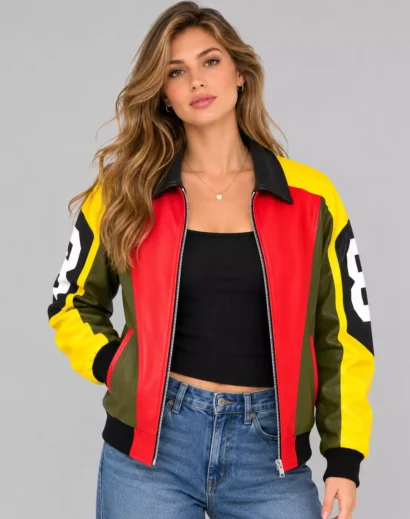 Woman wearing a David Puddy 8 Ball leather jacket inspired by the famous Seinfeld David Puddy 8 Ball jacket and vintage streetwear fashion.