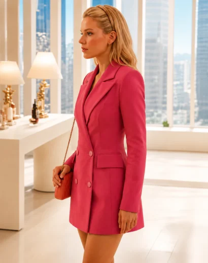 Left side view of the Elle S01 Lexi Minetree Pink Blazer featuring a tailored double-breasted silhouette. This elegant Elle pink blazer showcases the structured fit of an Elle pink jacket with the timeless style of a women's pink blazer, women's pink long coat, and women's pink wool coat inspired by the iconic Elle Woods pink blazer outfit.