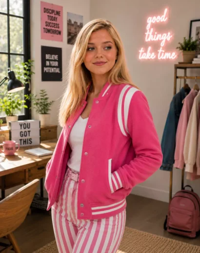 Left side profile of the Elle S01 Lexi Minetree Pink Varsity Jacket featuring a classic women's pink varsity jacket design with rib-knit cuffs, soft viscose lining, and two outer pockets.