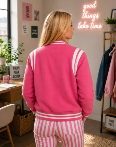 Back view of the Elle Woods Pink Bomber Jacket showcasing the premium women's pink bomber jacket with a clean varsity silhouette and rib-knitted waistband.
