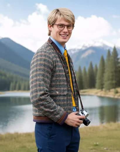 Left side profile of the Elliot Matthews Wool Jacket from The Sheep Detectives, showcasing the premium plaid fabric and comfortable fit. A stylish wool jacket for men with a durable zipper design.
