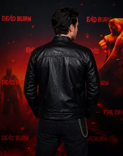 Back view of the Evil Dead Burn James Deveney jacket, highlighting the clean rear design of the James Deveney leather jacket, men black leather jacket, and premium leather jacket for men.