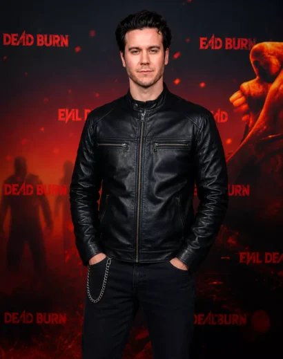 Front view of the Evil Dead Burn James Deveney Black Leather Jacket with zip closed, inspired by the Evil Dead Burn jacket, motorcycle leather jacket, men biker leather jacket, and leather jacket for men.