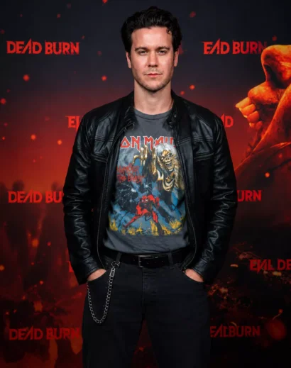 Front view of the Evil Dead Burn James Deveney Black Leather Jacket with open zipper, featuring the iconic James Deveney outfit, premium men black leather jacket, and cafe racer leather jacket mens style.