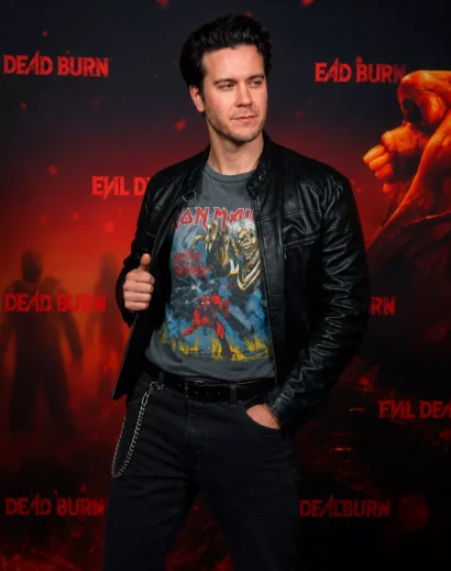 Angled view of the James Deveney leather jacket from Evil Dead Burn, showcasing the stylish evil dead burn outfit with a premium cafe racer leather jacket mens design and modern biker look.