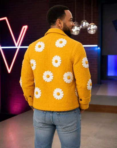 John Legend The Voice S27 Yellow Jacket back view with white daisy applique embroidery on a mustard yellow floral jacket inspired by John Legend.
