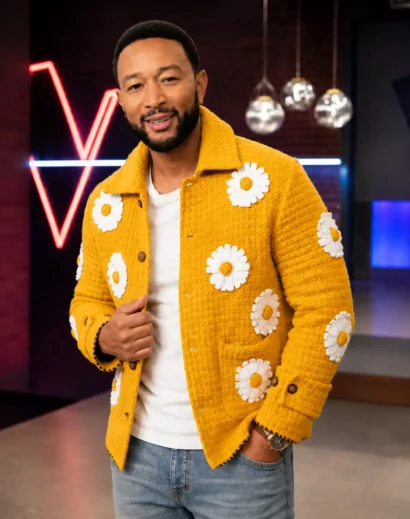John Legend Yellow Daisy Jacket left side view showcasing the mustard yellow flower applique details from The Voice Season 27 celebrity style jacket.