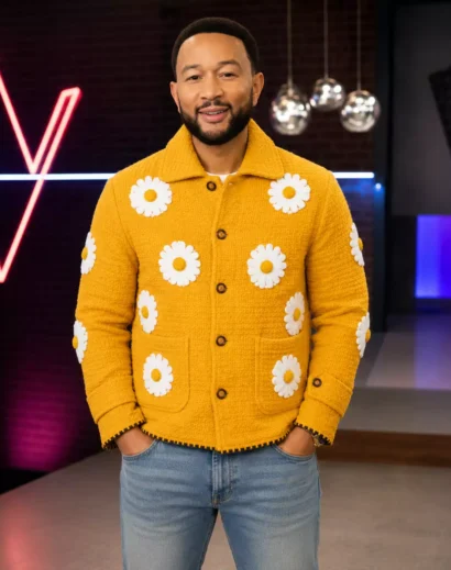 John Legend Yellow Flower Jacket buttoned front featuring a daisy applique jacket, men's yellow floral jacket, celebrity style jacket inspired by The Voice Season 27.