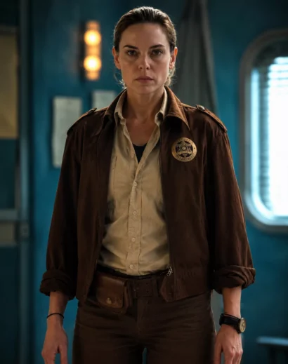 Front view of the Juliette Nichols Silo S01 Brown Cotton Jacket worn by Rebecca Ferguson, featuring a premium women's brown cotton jacket inspired by the Rebecca Ferguson Silo S01 Brown Jacket.