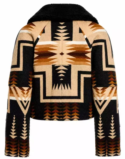 Kelly Reilly inspired wool aviator jacket with an Aztec pattern and shearling collar, perfect for fall and winter western fashion.