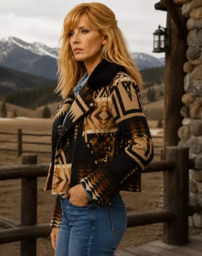 Left profile of the Kelly Reilly inspired Beth Dutton Jacket showcasing the Aztec pattern, wool fabric, and warm shearling collar.