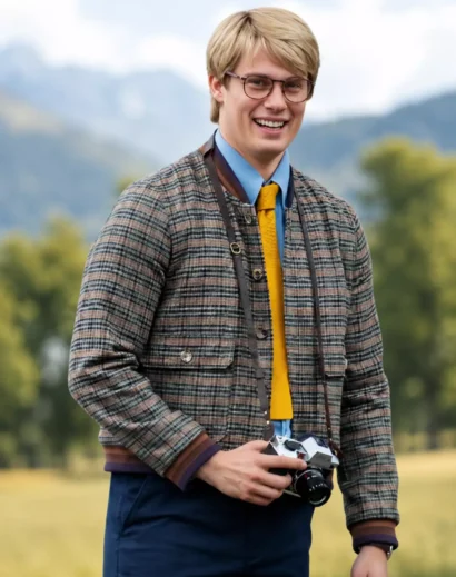 Front straight view of the matthew elliott wool jacket sheep detectives, highlighting the detailed plaid pattern, ribbed cuffs, and premium men's wool jacket with zipper for everyday winter wear.