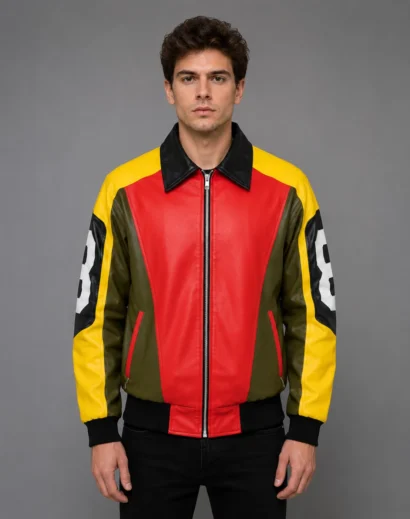Front view of a man wearing the Michael Hoban 8 Ball leather jacket inspired by the iconic vintage 8 Ball jacket design.